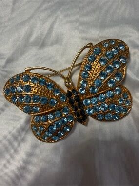 Kirks Folly Gold-Tone Butterfly Brooch with Blue and Black Rhinestones